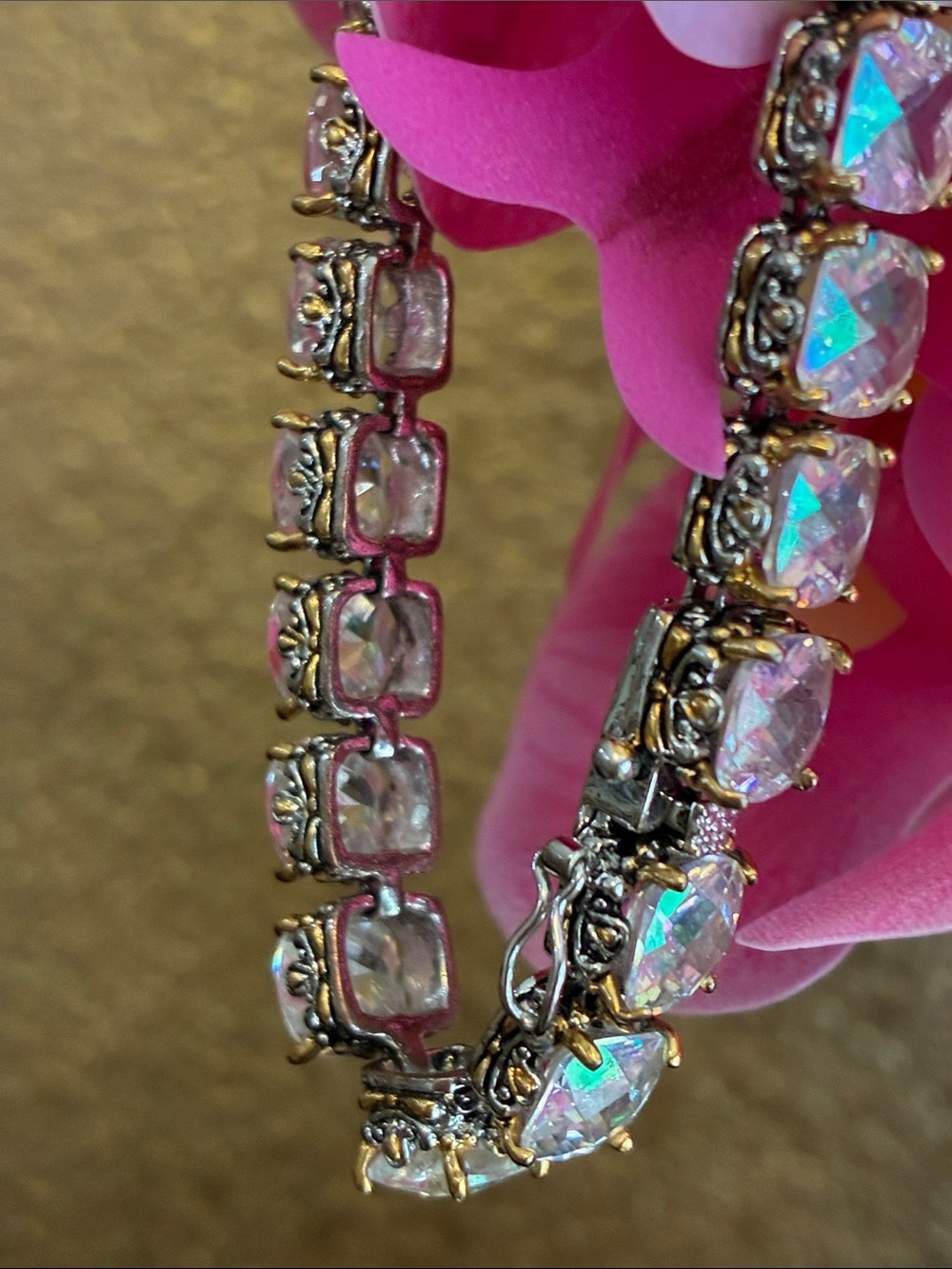 Sparkling Crystal Tennis Bracelet Aurora Borealis Cushion Cut Stones - Picture 2 of 7